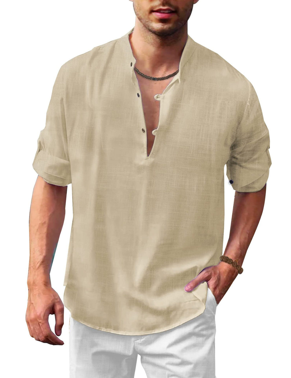 Herren lässiges Leinenhemd mit kurzes Arm und Knopfdetail EB