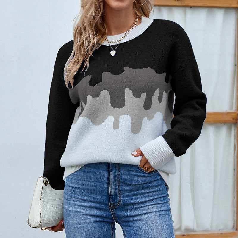 Damen modischer Pullover mit kreativem Farbverlauf und Rundhalsausschnitt EB