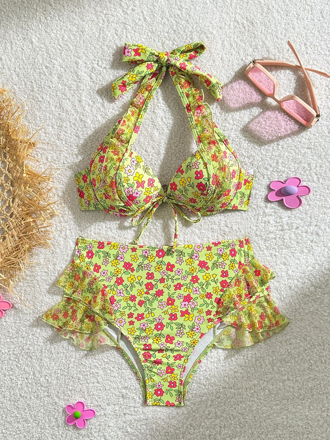 Damen Retro-Bikini-Set mit floralem Design und Rüschendetails EB