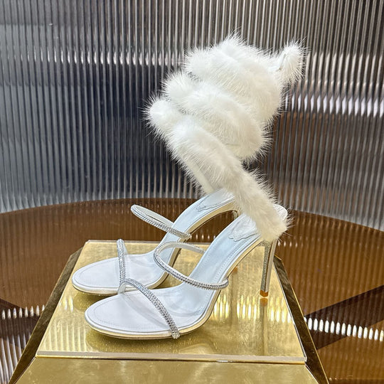 Damen Elegante Hochwertige Sandalen mit funkelnden Riemen und luxuriösem Kunstfell EB