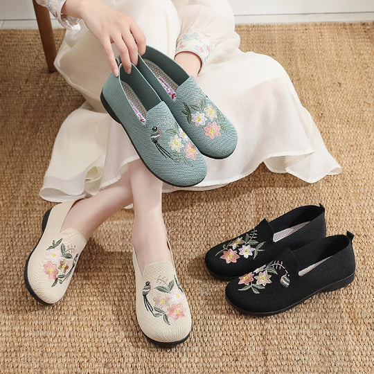 Damen Slip-On Ballerinas mit floraler Stickerei und atmungsaktive Struktur EB