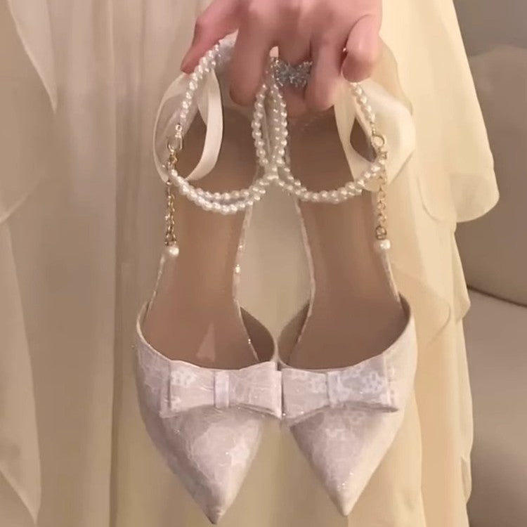 Damen elegante Spitzenschuhe mit perlenverziertem Riemenes EB
