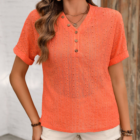 Damen Kurzarm Bluse mit Knopfverschluss und strukturiertem Design EB