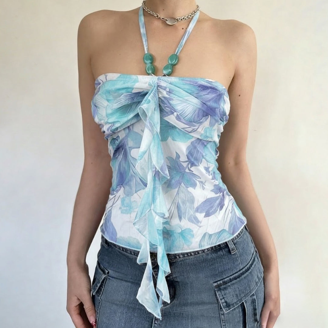 Damen Spaghetti-Trägertop mit floralen Einsätzen und transparenten Rüschen EB