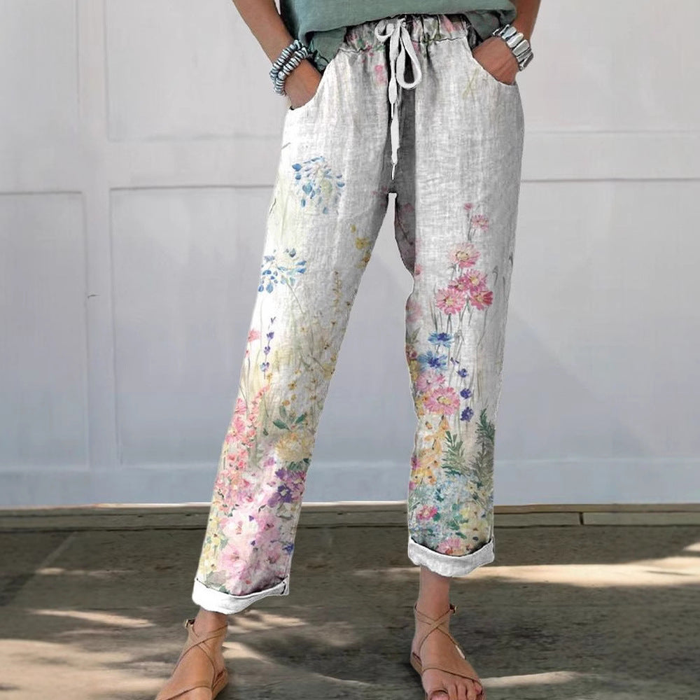 Damen Leinenoptik-Hose mit floralem Print, weitem Bein und Tunnelzug EB