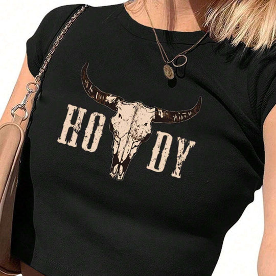 Damen Crop-T-Shirt mit kreativen Cow Skull Design EB
