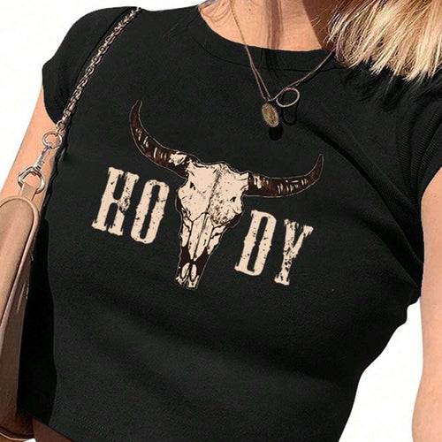 Damen Crop-T-Shirt mit kreativen Cow Skull Design EB