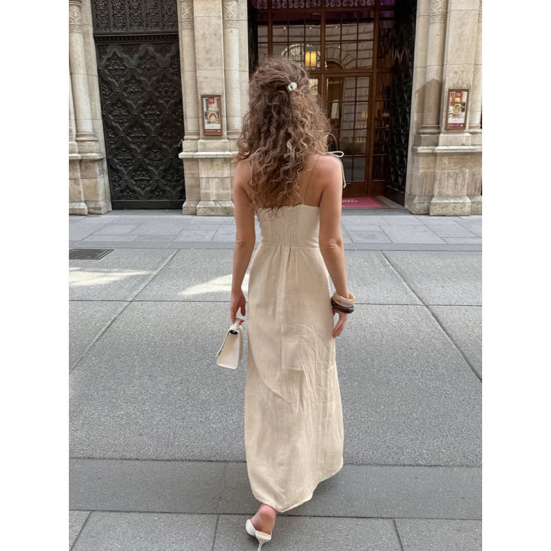 Damen elegantes Maxikleid mit tiefem V-Ausschnitt und seitlichem Schlitz EB