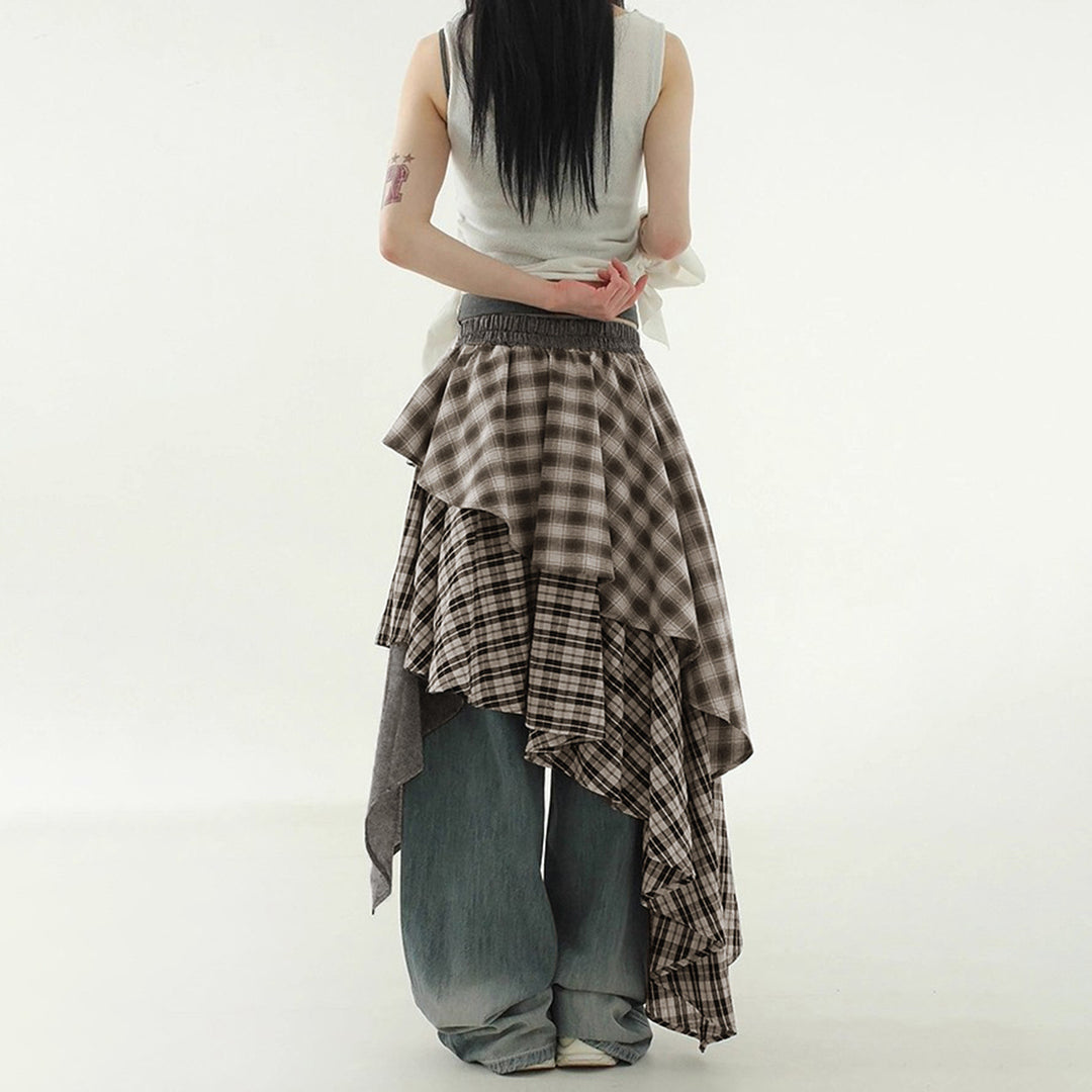 Damen asymmetrischer Wickelrock mit Karomuster und breitem Bindegürtel EB