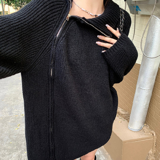 Damen lässiger Strickpullover mit seitlichem Reißverschluss und hohem Kragen EB