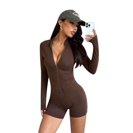 Damen figurausgleichender Langarm-Jumpsuit mit tiefem Ausschnitt und Reißverschluss EB