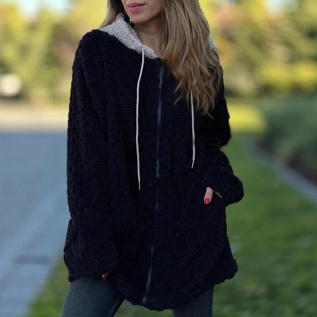 Damen Übergroße Fleecejacke mit Kapuze und Reißverschluss EB