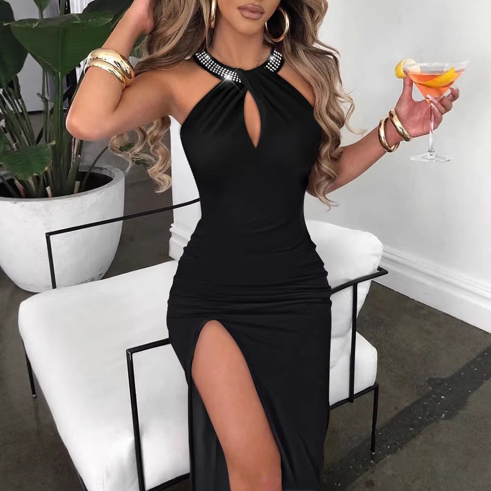 Damen Elegantes Schlauchkleid mit Strassdetails und sexy Beinschlitz EB