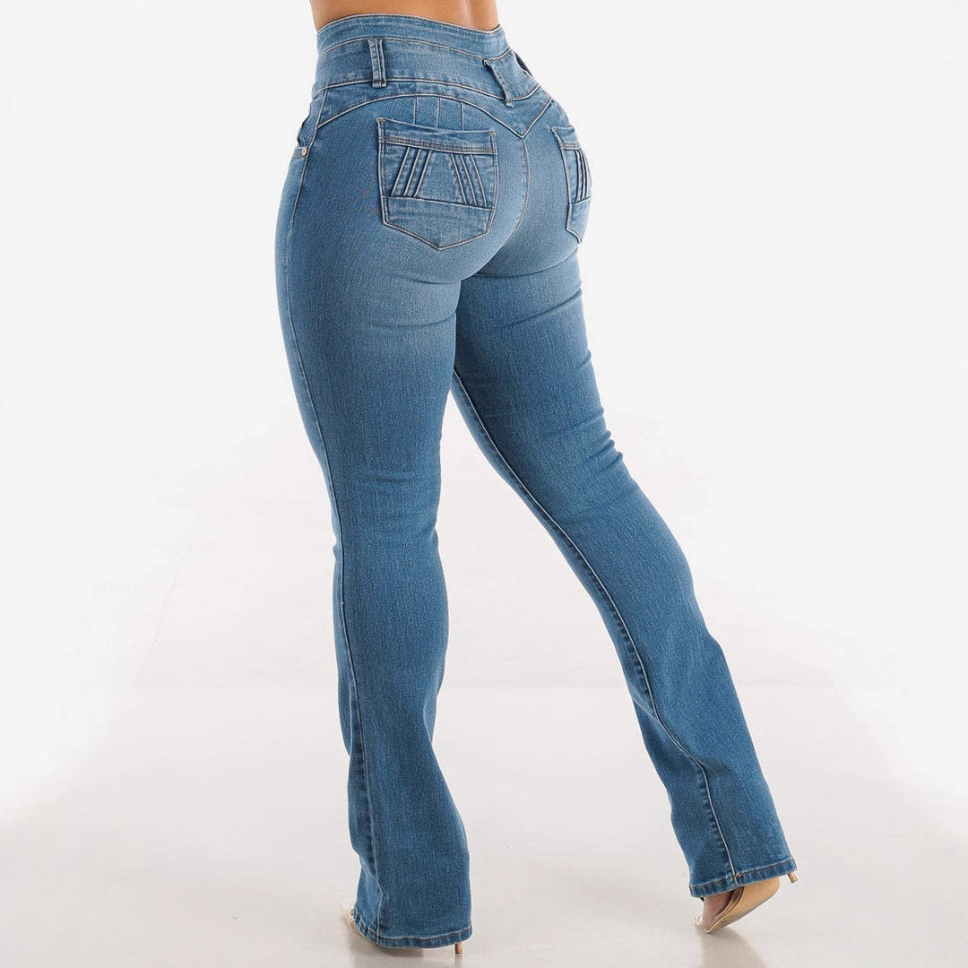 Damen High-Waist Bootcut Jeans mit dekorativen Knopfdetails und figurbetontem Schnitt EB