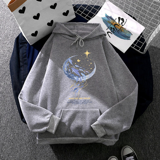 Damen nan Kapuzenpullover mit Mond‑und‑Wal-Illustration, Oversize-Schnitt und Kängurutasche EB