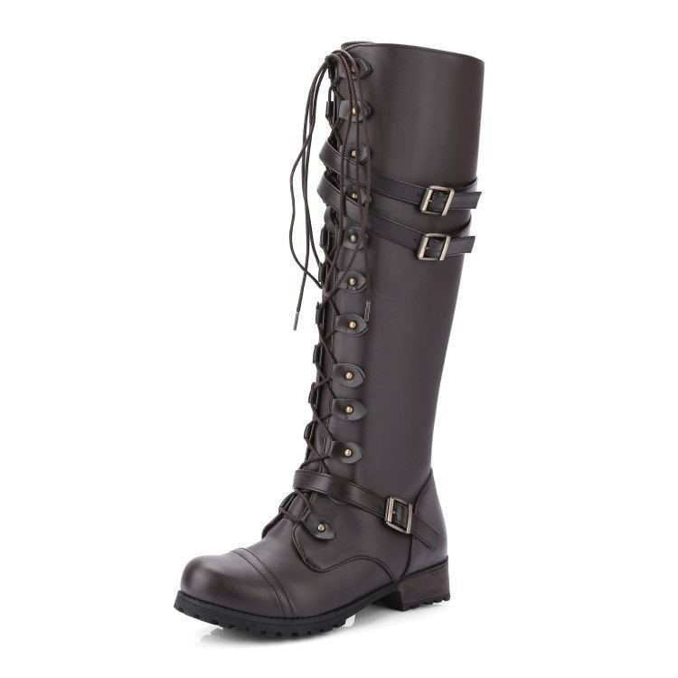 Damen nan kniehohe Schnürstiefel im Militär-Vintage Stil mit dekorativen Riemen und verstellbaren Schnallen EB