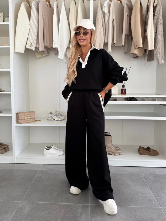 Damen modisches Relax-Set mit Polokragen, markanten Paspelstreifen und weitem Palazzo-Jogger EB