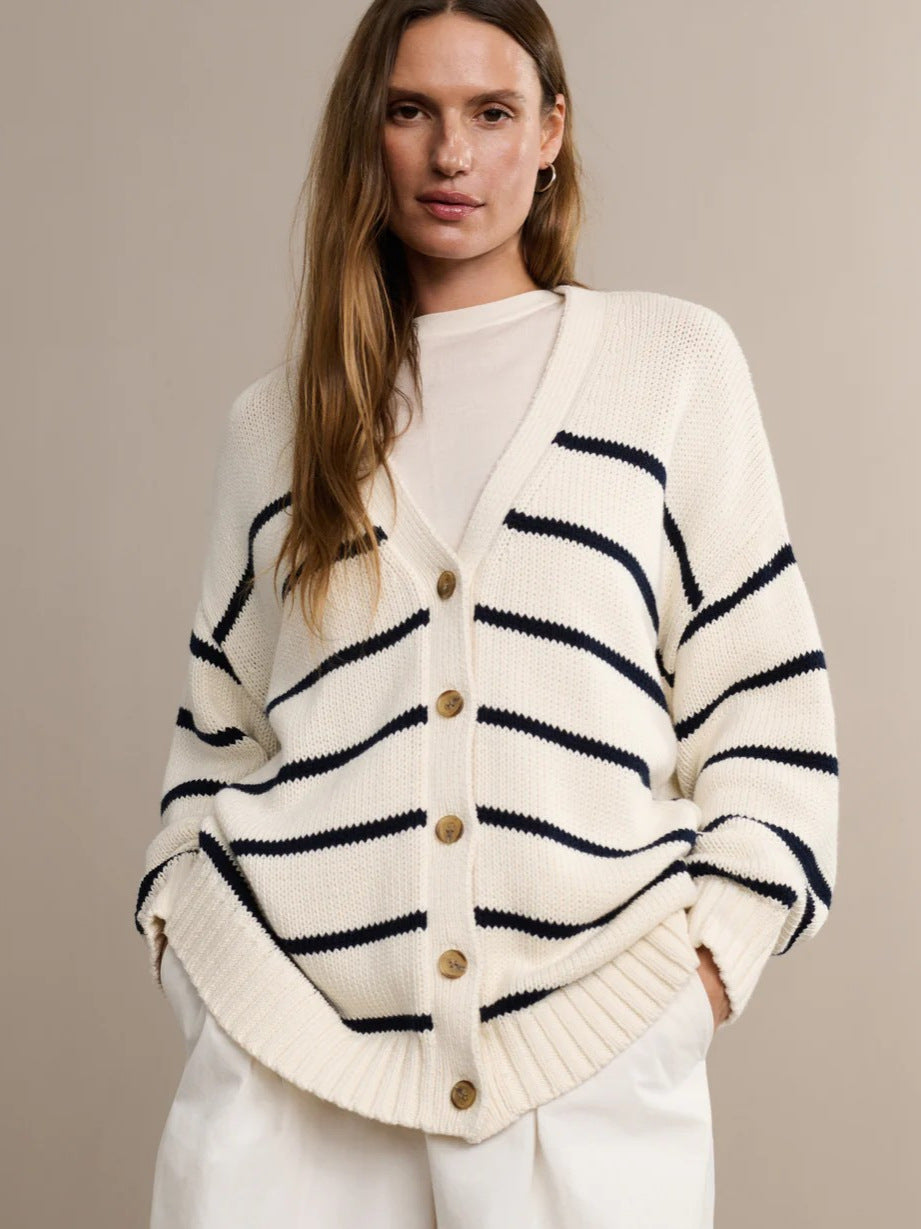 Damen Modischer Streifen-Cardigan mit Knopfleiste und lässigem Schnitt EB