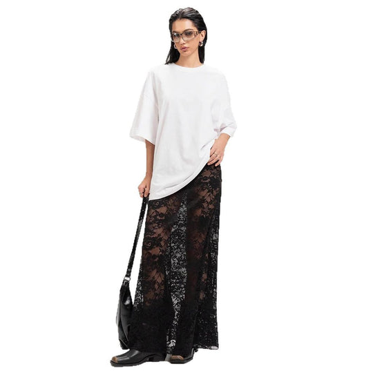Damen Maxirock aus eleganter Spitze mit hohem Schlitz und voluminösem Schnitt EB