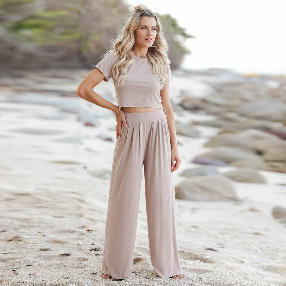 Damen Komfortables Baumwoll-Crop-Top mit weiter Hose EB