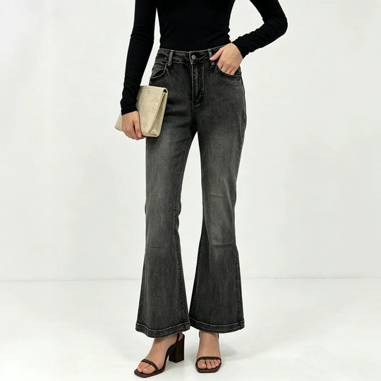 Damen nan High-Waist Flared-Jeans mit taillierendem Bund und weitem Schlag EB
