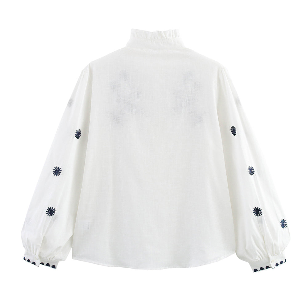 Damen Bestickte Bluse mit Stehkragen und langen Ärmeln EB