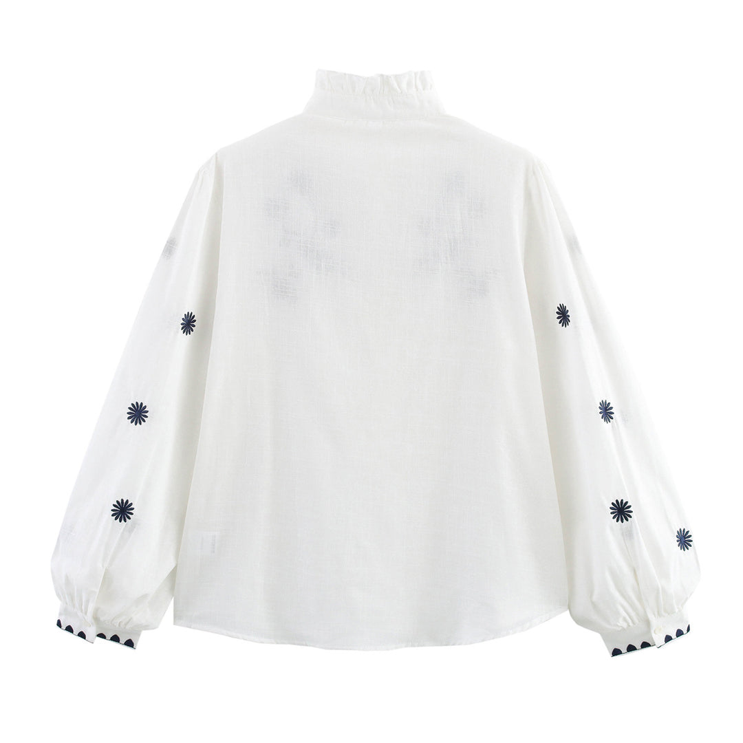 Damen Bestickte Bluse mit Stehkragen und langen Ärmeln EB
