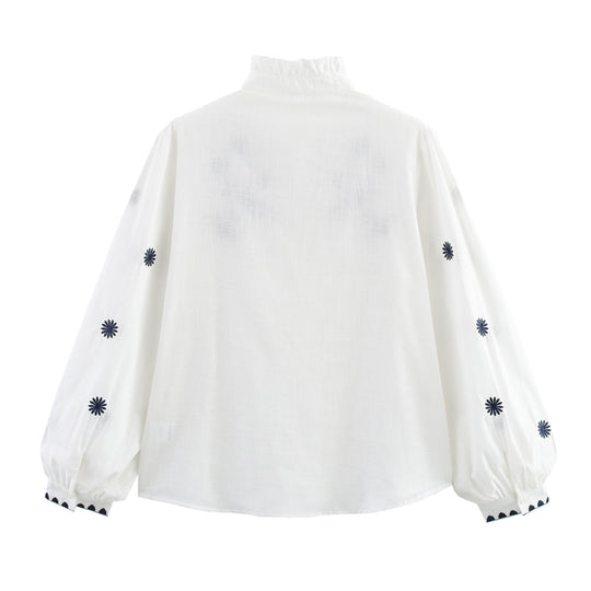 Damen Bestickte Bluse mit Stehkragen und langen Ärmeln EB