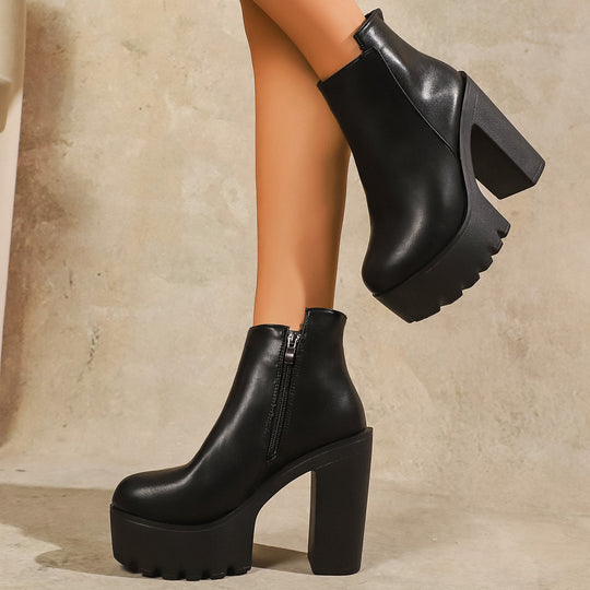 Damen Modische Plateau Stiefeletten mit markantem Blockabsatz und Reißverschluss EB