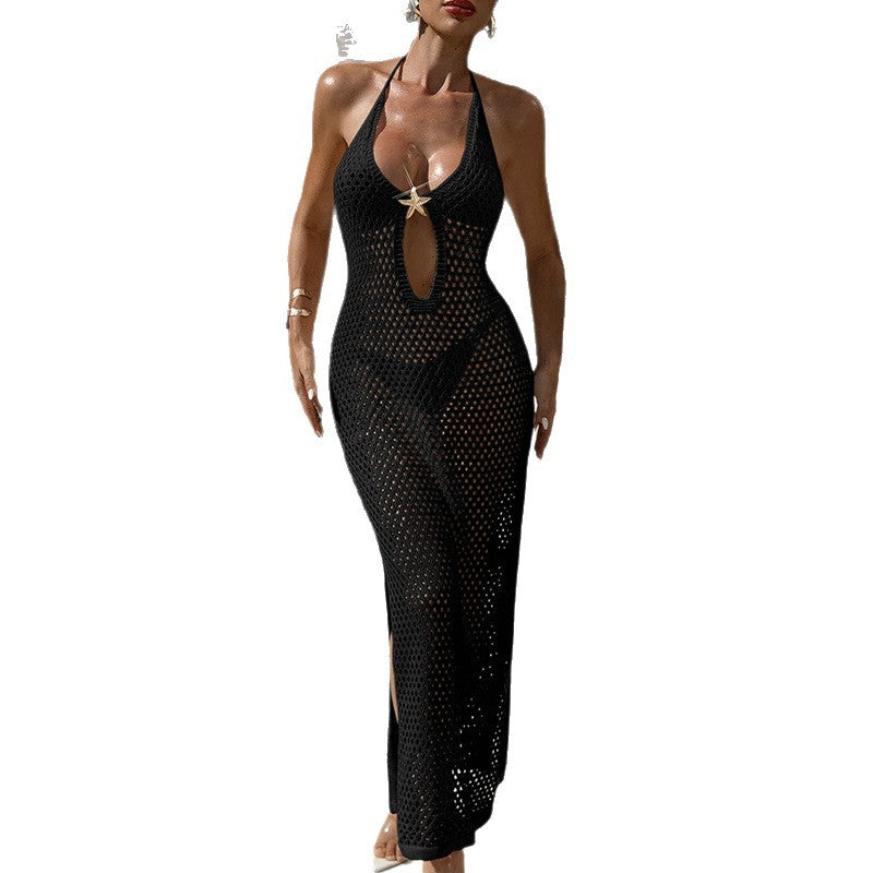 Damen Häkel-Strandkleid mit tiefem V-Ausschnitt und transparentem Netzdesign EB