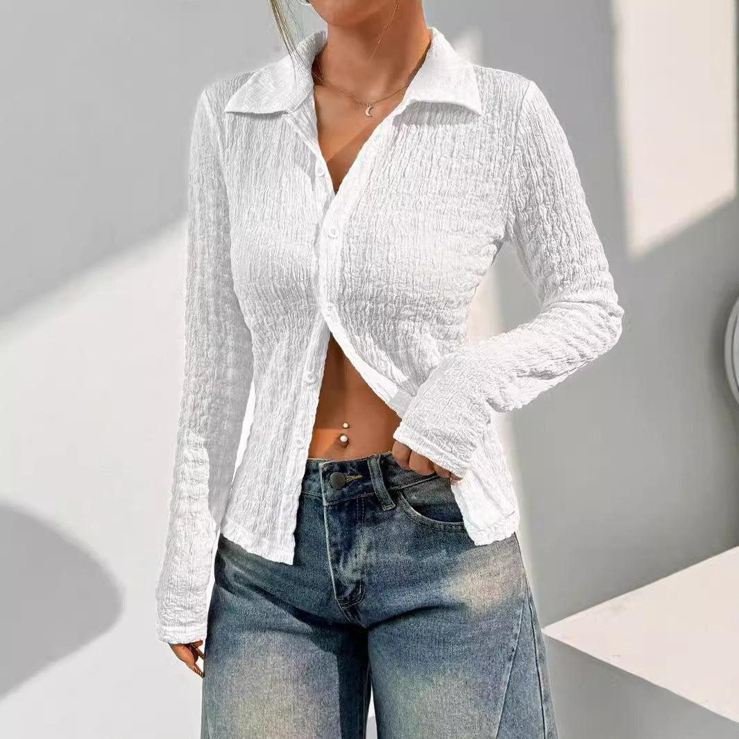 Damen nan Hemdbluse mit Kräuselstruktur, Hemdkragen und taillierter Passform EB