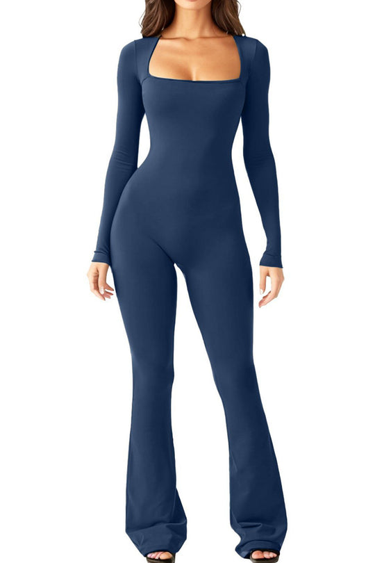 Damen nan figurbetonter Langarm-Jumpsuit mit quadratischem Ausschnitt und ausgestellter Schlaghose EB
