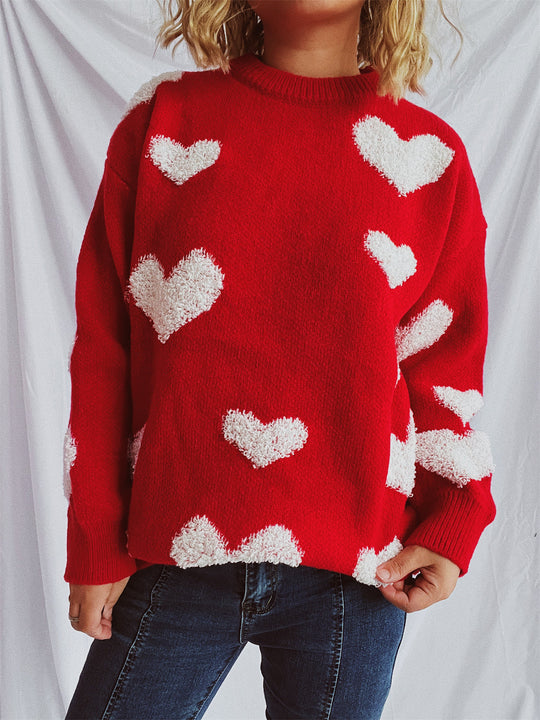 Damen Pullover mit Herzmuster und flauschigen Applikationen EB