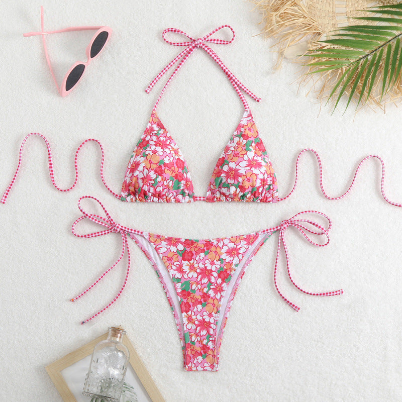 Damen Triangel-Bikini mit floralem Muster und verspieltem Bindeband EB