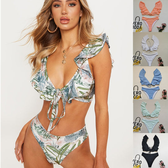Damen Bikiniset mit Rüschen und Pflanzenmuster EB
