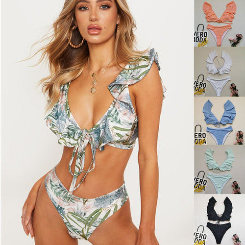Damen Bikiniset mit Rüschen und Pflanzenmuster EB