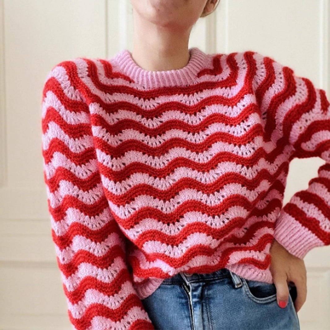 Damen Strickpullover mit wellenförmigem Muster und großzügigem Schnitt EB