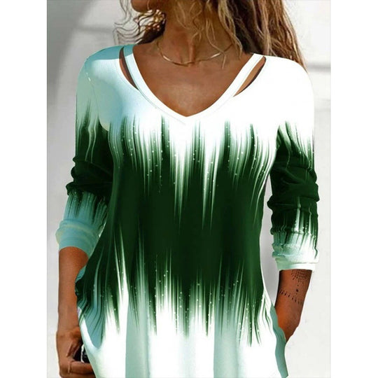 Damen Langarmshirt mit modischem V-Ausschnitt und einzigartigem Farbverlauf EB