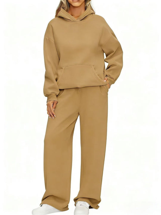 Damen nan Cozy-Loungewear-Set mit oversized Kapuzenpullover, Kängurutasche und weiten Palazzo-Jogginghose EB