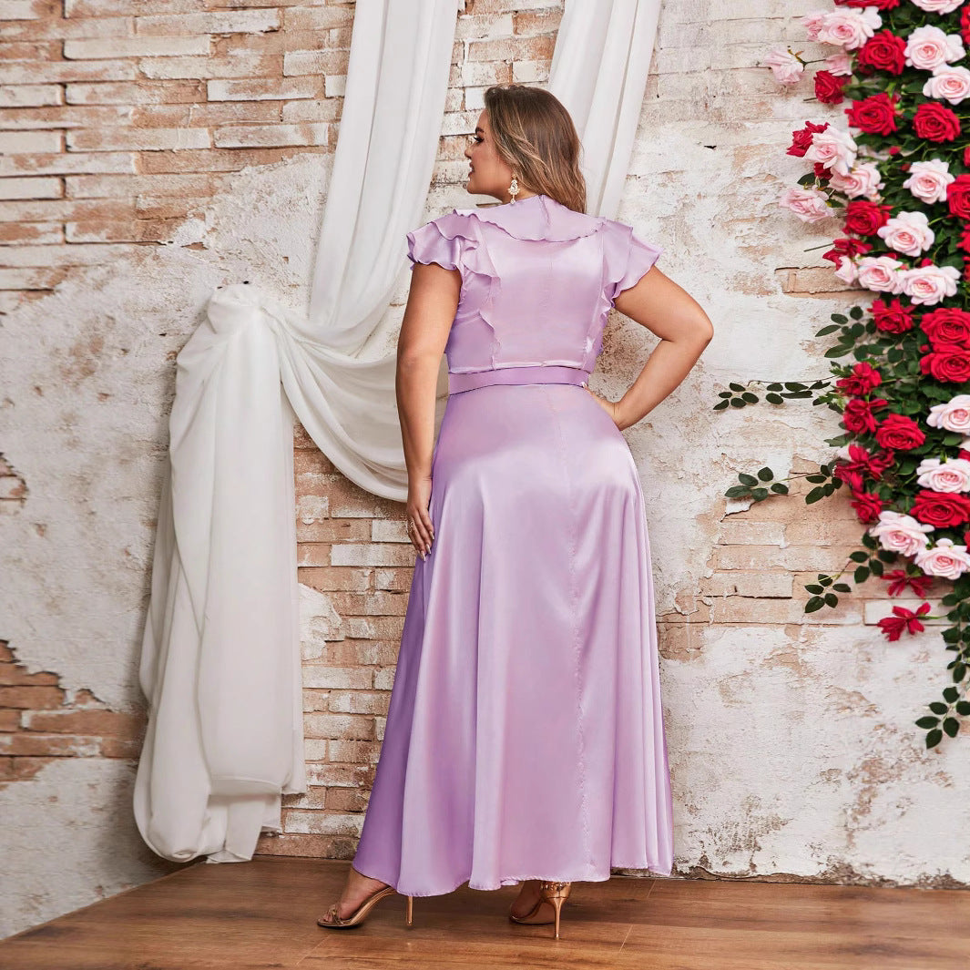 Damen Elegantes Maxikleid mit Rüschendetails und taillierendem Gürtel EB