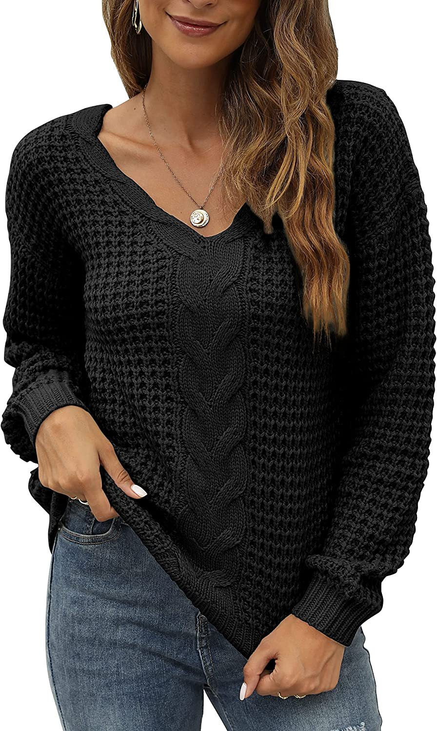 Damen lässiger Strickpullover mit tiefem V-Ausschnitt und detailliertem Zopfmuster EB