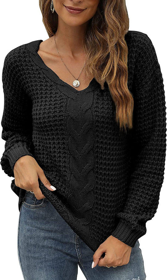 Damen lässiger Strickpullover mit tiefem V-Ausschnitt und detailliertem Zopfmuster EB