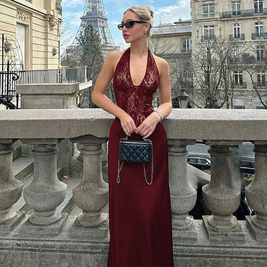 Damen Elegantes Maxikleid mit tiefem V-Ausschnitt und Spitzeneinsatz EB