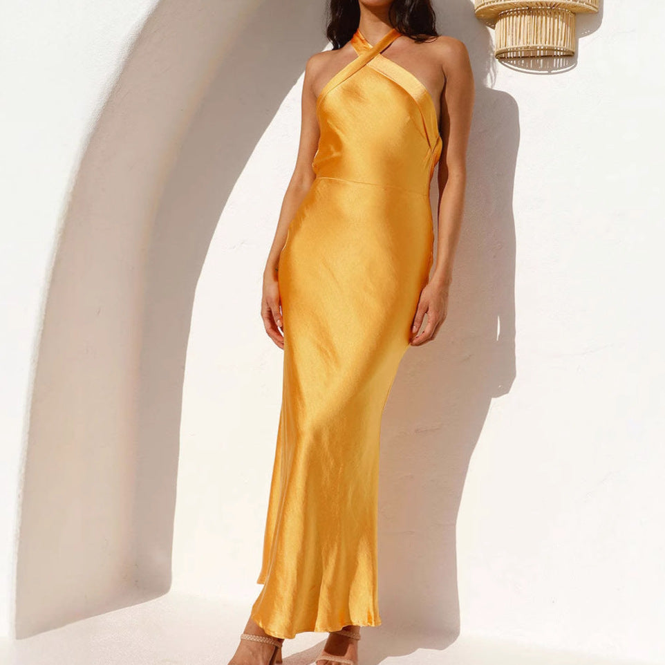Damen elegantes Abendkleid mit asymmetrischem Ausschnitt und fließendem Satinfall EB