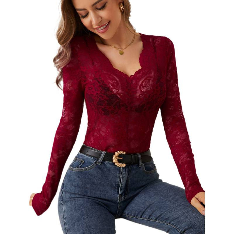 Damen Spitzen-Bodysuit mit tiefem V-Ausschnitt und transparenten Ärmeln EB