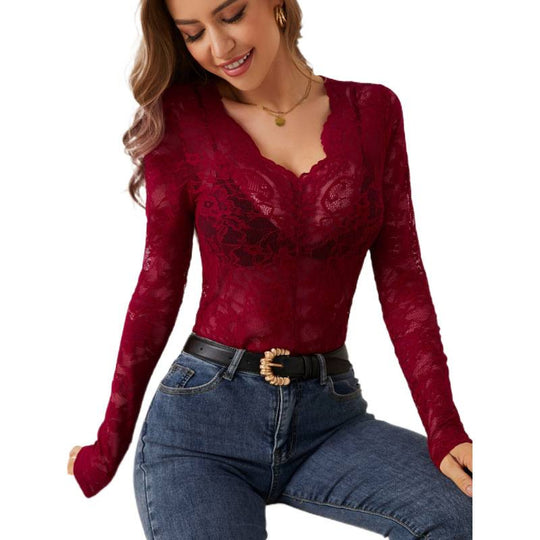 Damen Spitzen-Bodysuit mit tiefem V-Ausschnitt und transparenten Ärmeln EB
