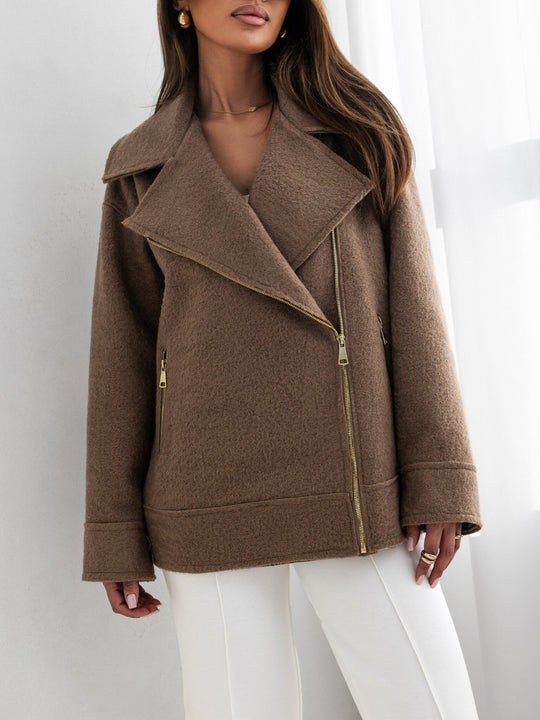 Damen stylische Wolljacke mit asymmetrischem Reißverschluss und großem Kragen EB