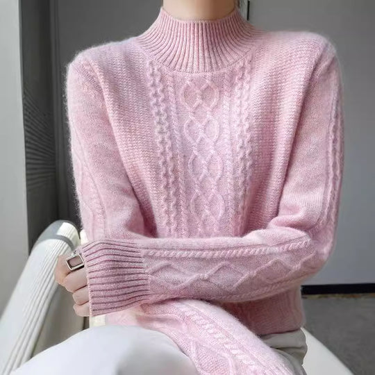 Damen Strickpullover mit elegantem Zopfmuster und hoch geschlossenem Kragen EB