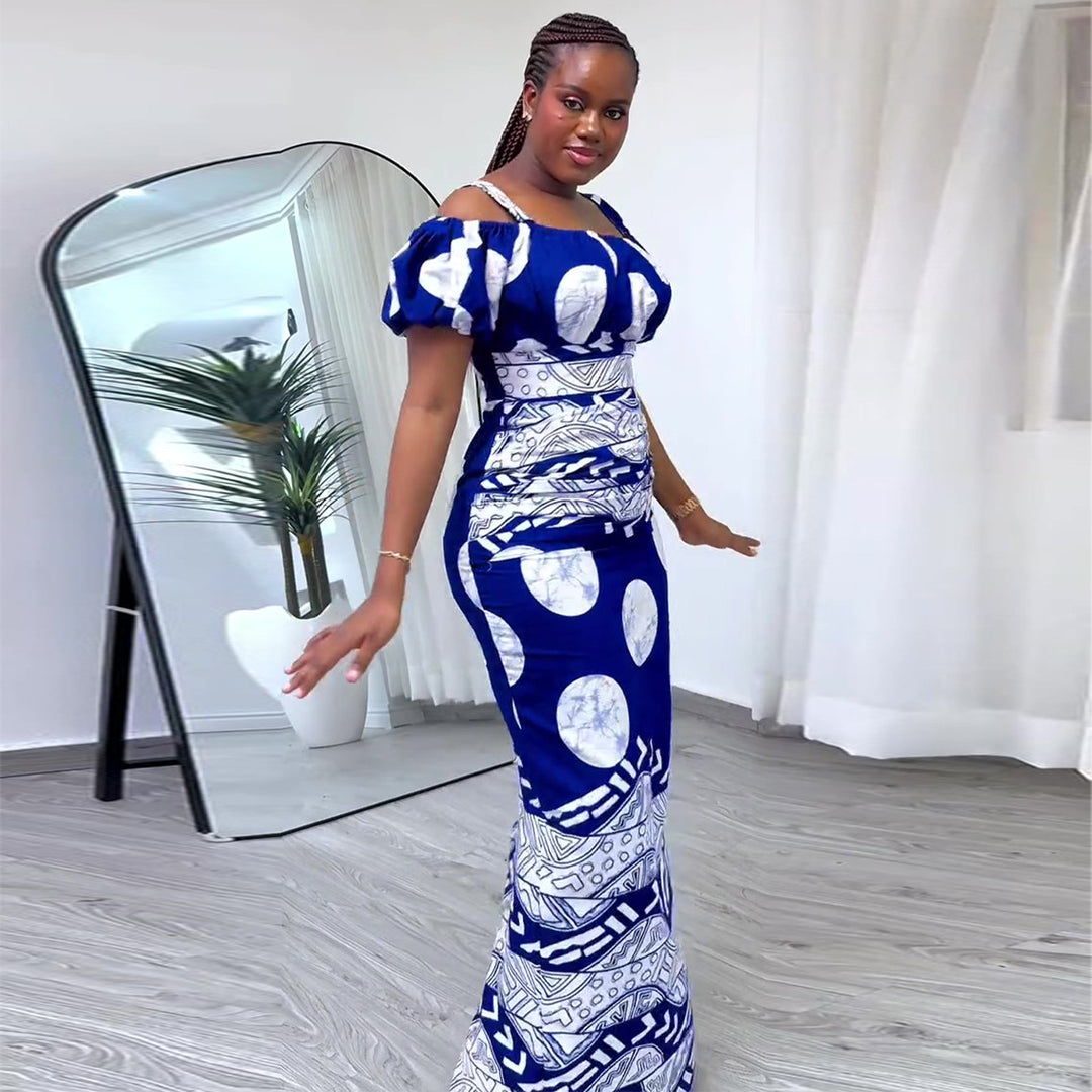 Damen Maxikleid mit voluminösen Puffärmeln und grafischem Muster EB