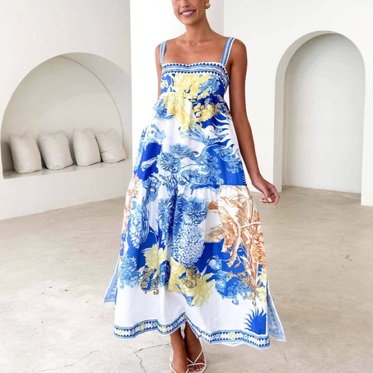 Damen Maxi-Strandkleid im floralen Design mit verstellbaren Spaghettiträgern EB